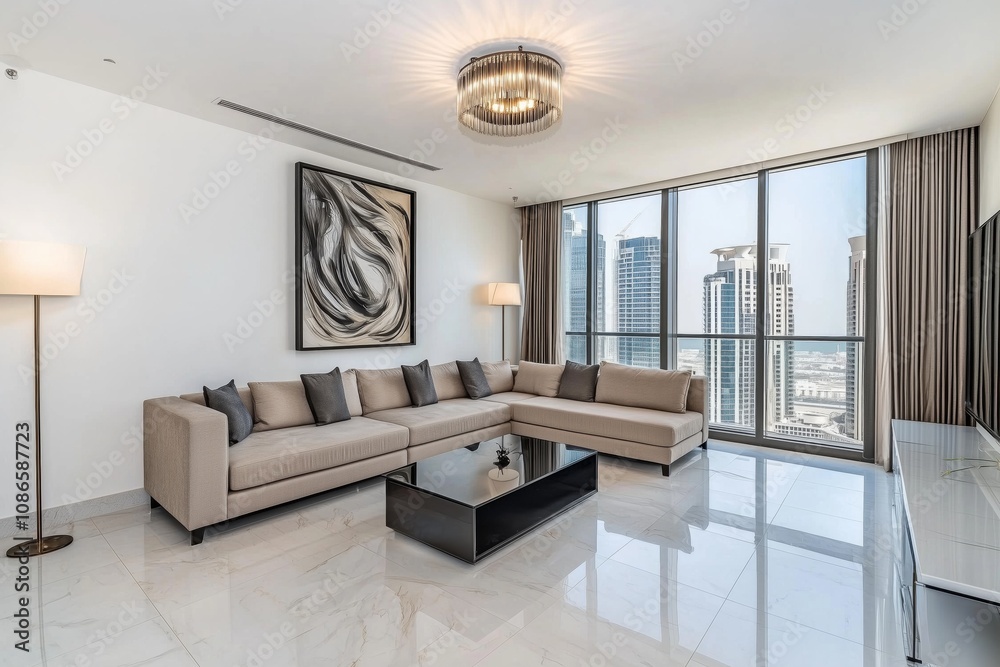 Elegant Living Room with Skyline View Elegant Living Room with Skyline View