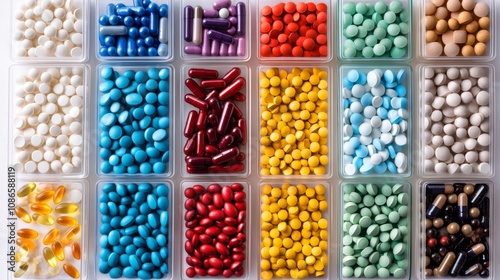Wallpaper Mural Colorful assortment of capsules and pills organized in trays. Each section showcases vibrant colors and unique shapes. Explore a visual journey of medicinal variety. Generative AI Torontodigital.ca