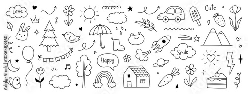 Cute kid background line tree, cloud, flower icon. Hand drawn doodle sketch kid art element pattern. Flower, animal, cloud children draw style design element background. Vector illustration