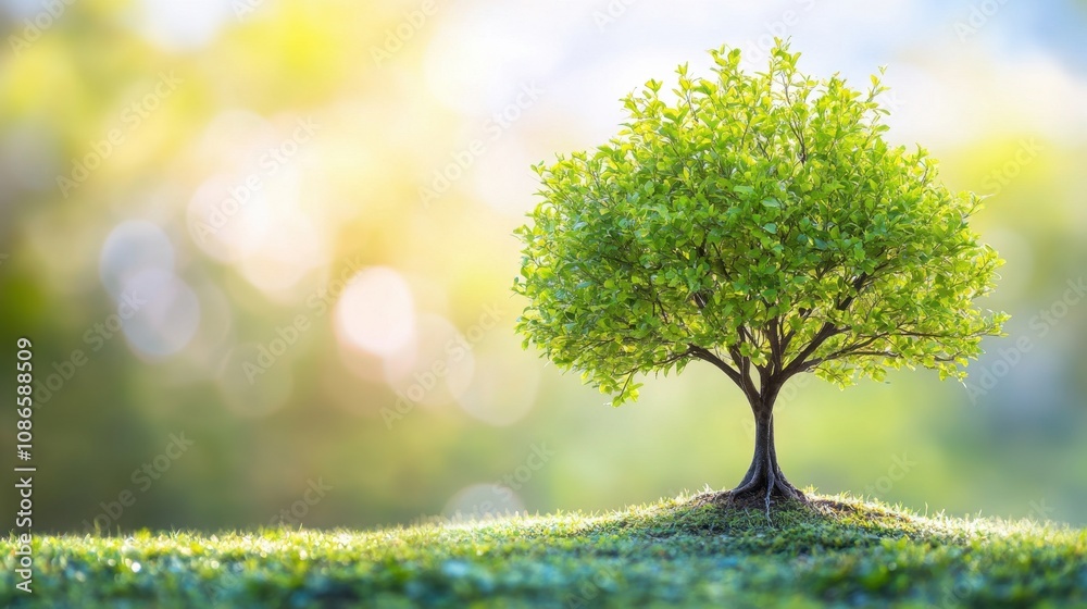 A small green tree stands alone on a gentle slope under a bright and sunny sky, showcasing vibrant leaves in a tranquil setting A small green tree stands alone on a gentle slope under a bright and sunny sky, showcasing vibrant leaves in a tranquil setting