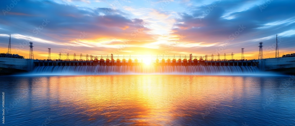 Fototapeta premium A beautiful sunset over a dam with cascading water, reflecting vibrant colors in the sky and water. Concept Sunset Over Water, Cascading Dam, Vibrant Sky Reflections, Nature's Beauty