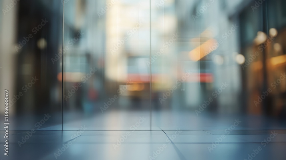 A close-up view of a glass partition in a modern shopping center highlighting reflections and light effects during daytime A close-up view of a glass partition in a modern shopping center highlighting reflections and light effects during daytime