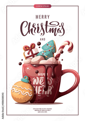 Christmas and New Year flyer set with hot chocolate and gingerbread cookies. Vector illustration for greeting cards, banners, posters, flyers.