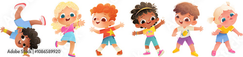 Playful girls and boys dancing, children characters collection. Joyful multiracial kids playing and dancing colorful cartoon. Vector preschool or school children, isolated clip art collection.