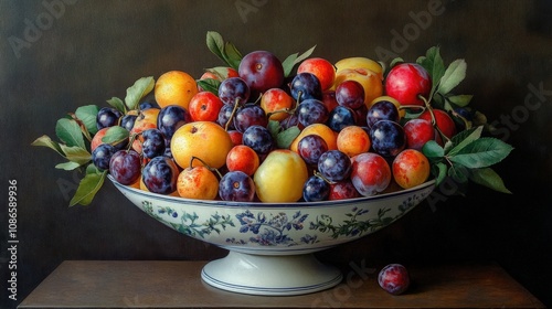 Bowl of mixed summer fruits, with plums adding a pop of color