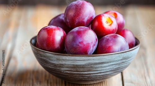 Bowl of ripe purple and red plums on a rustic wooden surface