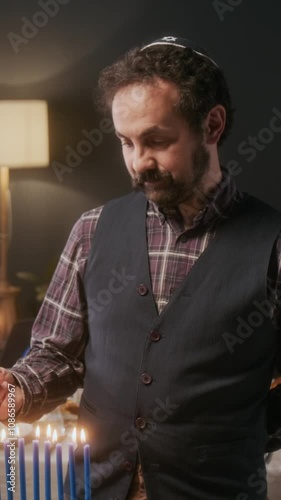 Vertical shot of Jewish man wearing kippah standing in living room, lighting menorah candles before traditional Hanukkah celebration photo