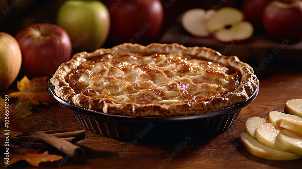 A delicious apple pie with a golden crust and cinnamon aroma, sitting on a wooden table with fresh apple slices and fall decorations. A delicious apple pie with a golden crust and cinnamon aroma, sitting on a wooden table with fresh apple slices and fall decorations.