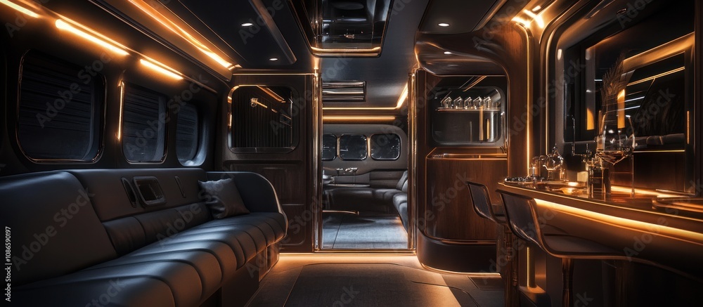 Luxurious interior of a private jet with leather seating and a bar. Luxurious interior of a private jet with leather seating and a bar.