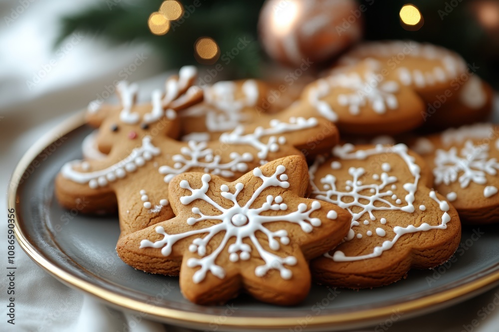 Festive gingerbread cookies shaped like snowflakes reindeer and snowmen on a plate Festive gingerbread cookies shaped like snowflakes reindeer and snowmen on a plate