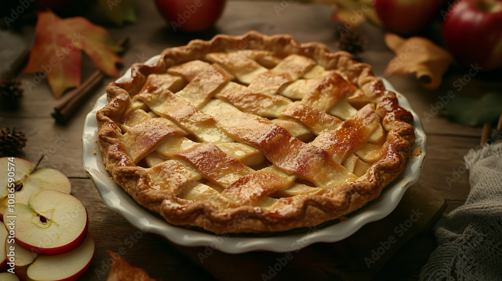 A delicious apple pie with a golden crust and cinnamon aroma, sitting on a wooden table with fresh apple slices and fall decorations. A delicious apple pie with a golden crust and cinnamon aroma, sitting on a wooden table with fresh apple slices and fall decorations.