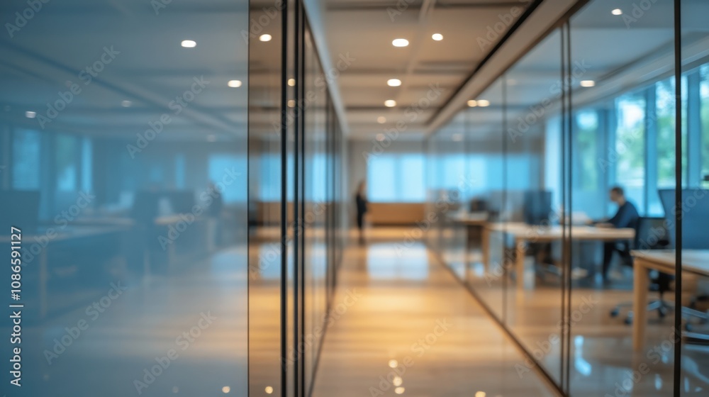Modern office interior with glass partitions, bright lighting, and professionals engaged in work during a weekday Modern office interior with glass partitions, bright lighting, and professionals engaged in work during a weekday