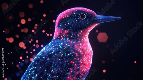 A digital rendering of a woodpecker with glowing blue and pink lines and dots on a dark background with red and blue bokeh. photo