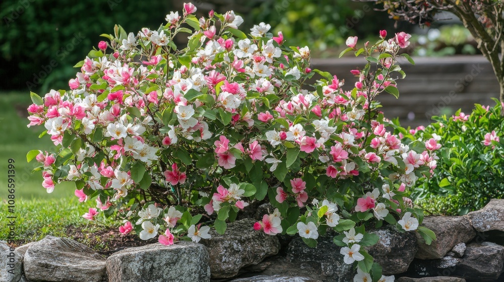 Quince blossoms in springtime, with delicate pink and white petals Quince blossoms in springtime, with delicate pink and white petals