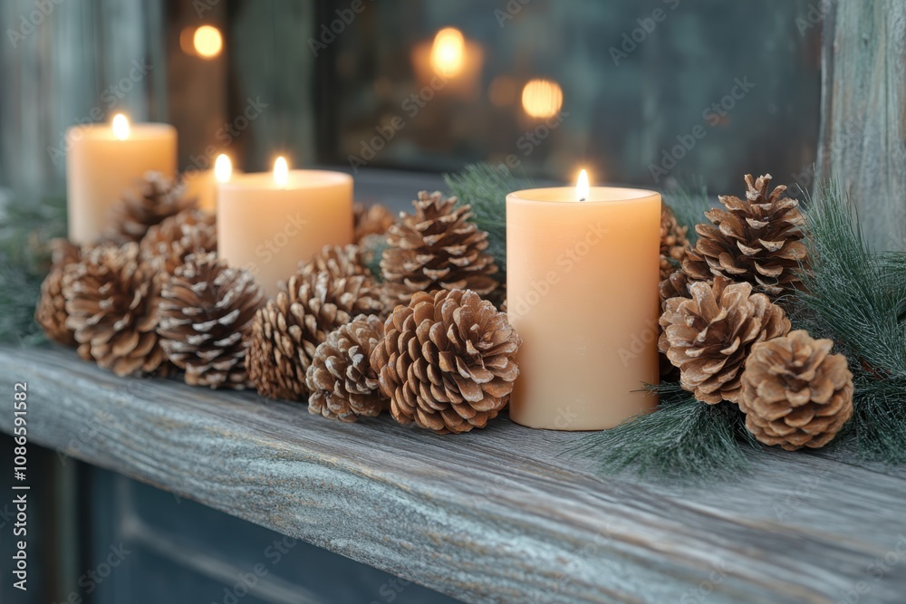 Pinecone garland draped over a rustic wooden mantle with candles flickering in the background Pinecone garland draped over a rustic wooden mantle with candles flickering in the background