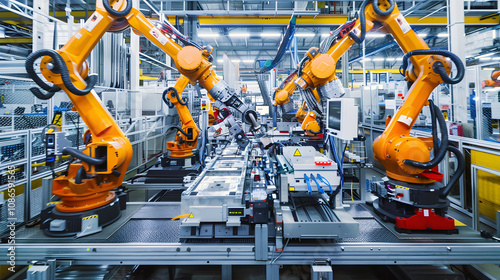 Industrial robot arms working on a production line in a modern automated factory