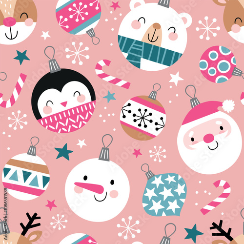 Seamless vector pattern with cute Christmas ornaments. Hand drawn vector Christmas ornaments. Santa Claus, snowman, penguin, deer and polar bear. Perfect for textile, wallpaper or print design. 