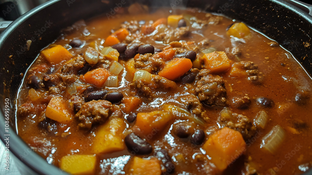 A delicious autumn stew made with pumpkin, black beans, carrots, onions, and garlic, cooked in a spicy broth with chili powder and cumin. A delicious autumn stew made with pumpkin, black beans, carrots, onions, and garlic, cooked in a spicy broth with chili powder and cumin.