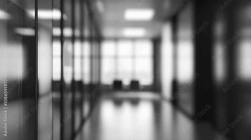 Modern office corridor with sleek glass walls and blurred conference room in the background, taken during a bright afternoon Modern office corridor with sleek glass walls and blurred conference room in the background, taken during a bright afternoon