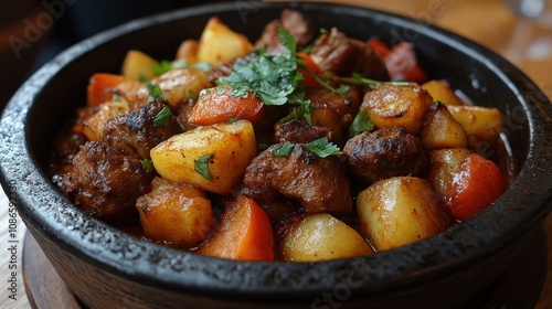 A hearty dish of meat and vegetables served in a rustic bowl, garnished with herbs.