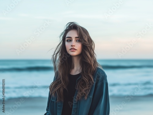 Confident Young Woman with Wavy Hair Posing on a Tranquil Beach