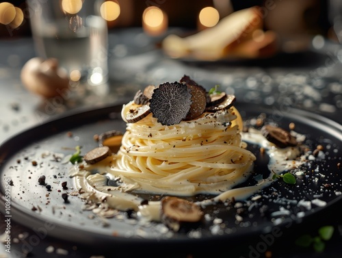 A gourmet plate of pasta topped with truffles, elegantly presented on a dark plate, surrounded by a stylish dining setting with soft lighting.