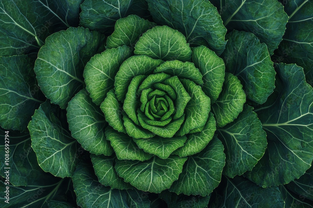 Fototapeta premium Close-up of fresh green cabbage leaves forming a natural rosette pattern