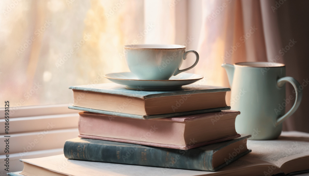 Stack of Books with Teacup by a Window in Pastel Tones Stack of Books with Teacup by a Window in Pastel Tones