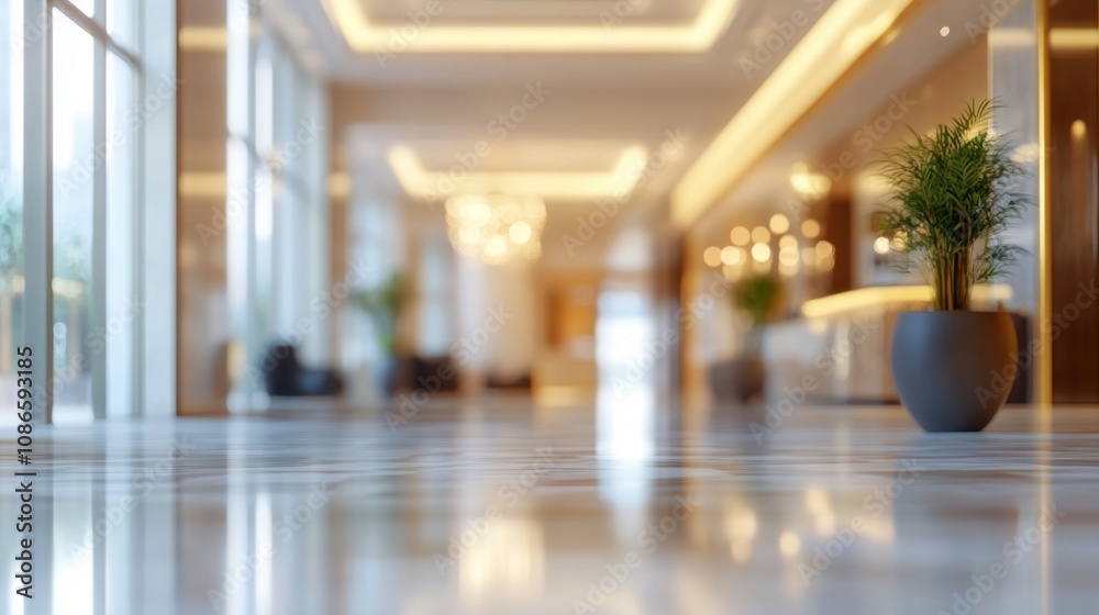 Elegant hotel lobby with modern design and natural light featuring potted plants and polished marble flooring Elegant hotel lobby with modern design and natural light featuring potted plants and polished marble flooring