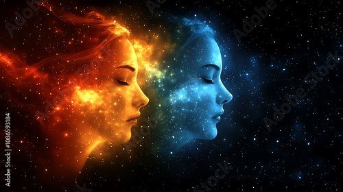 Mystical Journey Through Space: A Stunning Mixed Media Art Piece Featuring Intertwined Faces in Fiery and Cool Cosmic Colors