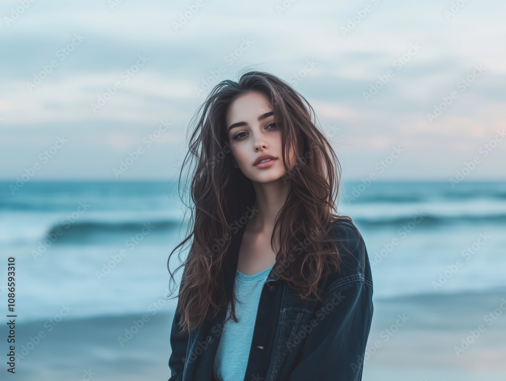 Confident Young Woman with Wavy Hair Posing on a Tranquil Beach Confident Young Woman with Wavy Hair Posing on a Tranquil Beach