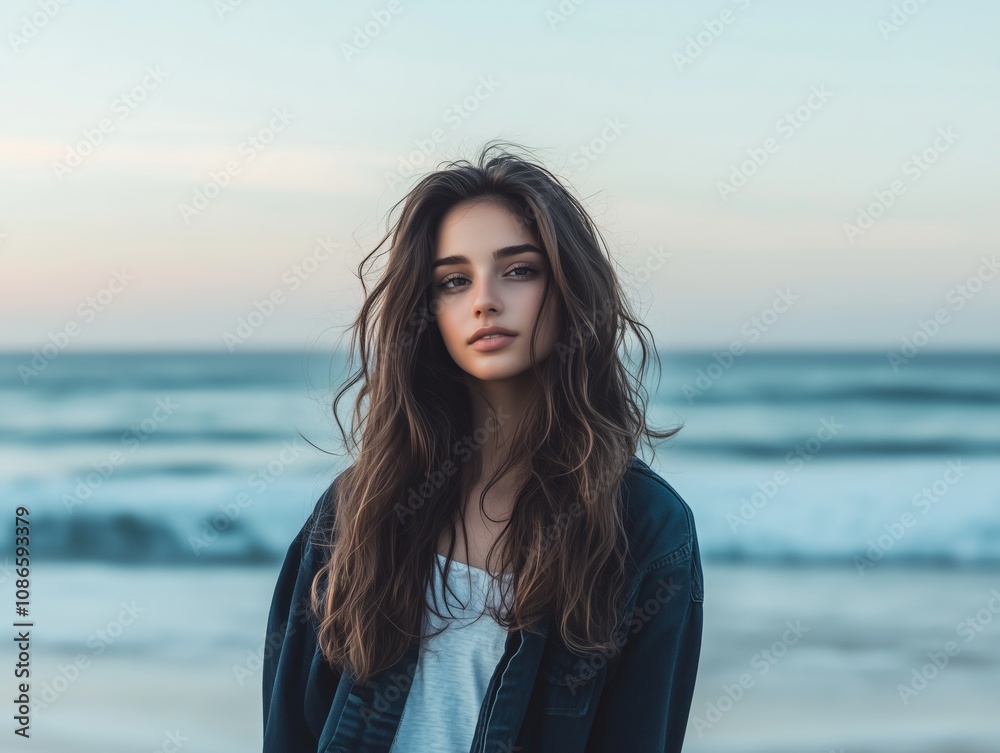 Confident Young Woman with Wavy Hair Posing on a Tranquil Beach Confident Young Woman with Wavy Hair Posing on a Tranquil Beach