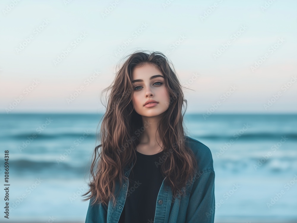 Confident Young Woman with Wavy Hair Posing on a Tranquil Beach Confident Young Woman with Wavy Hair Posing on a Tranquil Beach