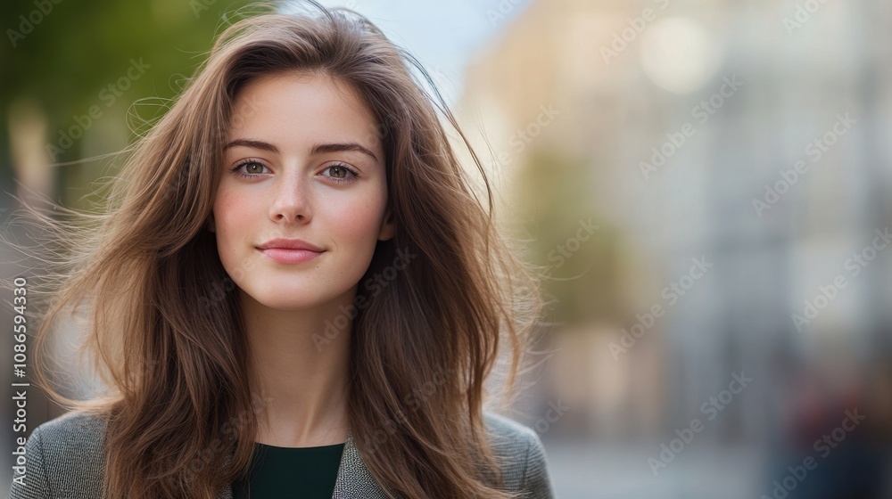Young woman with long hair smiles confidently while standing on a city street in early afternoon light Young woman with long hair smiles confidently while standing on a city street in early afternoon light
