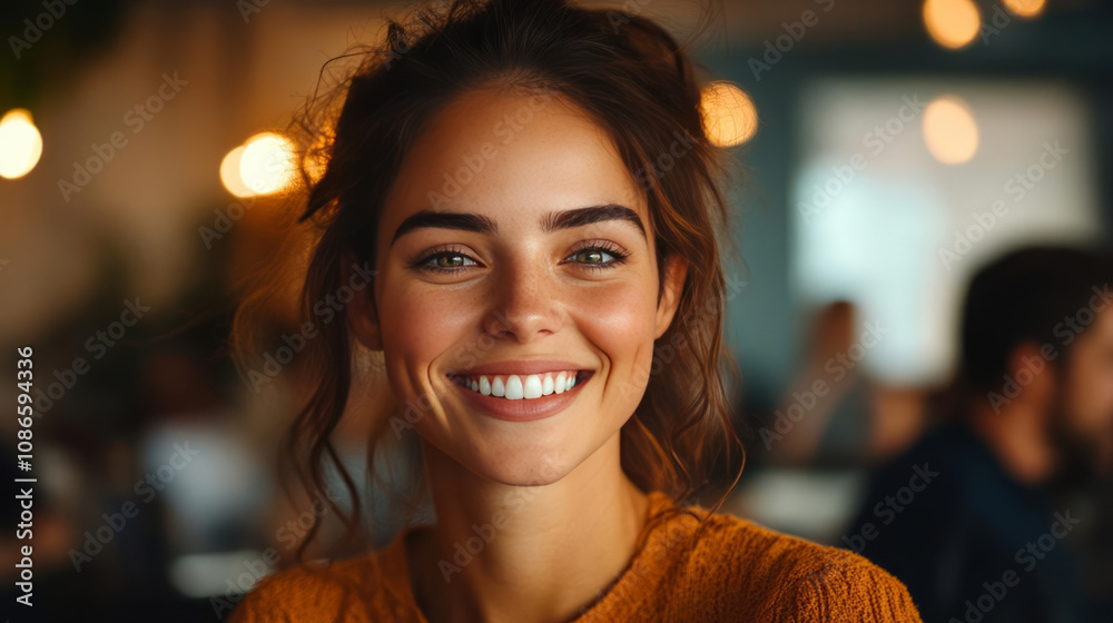 cheerful female smiling in cozy cafe setting, radiating positivity cheerful female smiling in cozy cafe setting, radiating positivity