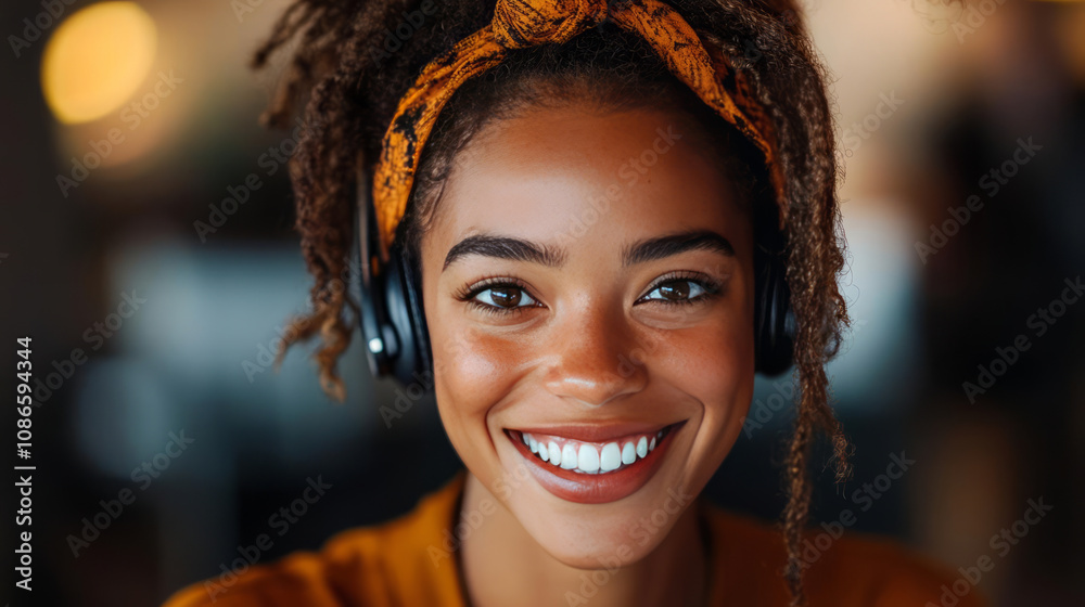 Cheerful female call center representative wearing headphones and smiling Cheerful female call center representative wearing headphones and smiling