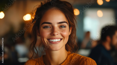 cheerful female smiling in cozy cafe setting, radiating positivity