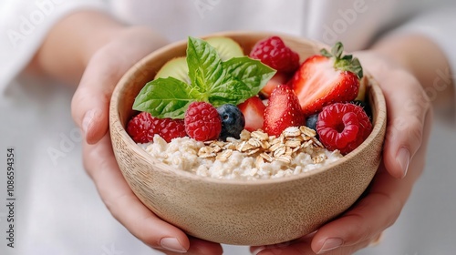 Closeup of hands making oatmeal with fresh fruits and seeds, representing a healthy carbrich breakfast, oatmeal breakfast, carbs and health photo