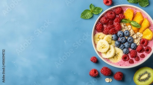 Obraz na płótnie Colorful smoothie bowl with fruits and grains, representing a carbohydraterich meal for a healthy lifestyle, smoothie bowl, carbohydrate diet w salonie