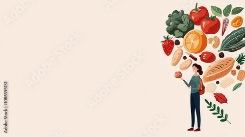 Illustration of a person choosing between simple and complex carbs, highlighting lifestyle choices for balanced health, carb choices, diet and health