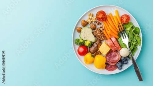 Illustration of a plate divided into food groups, highlighting the importance of complex carbs for sustained energy, food groups plate, carbohydrate balance photo