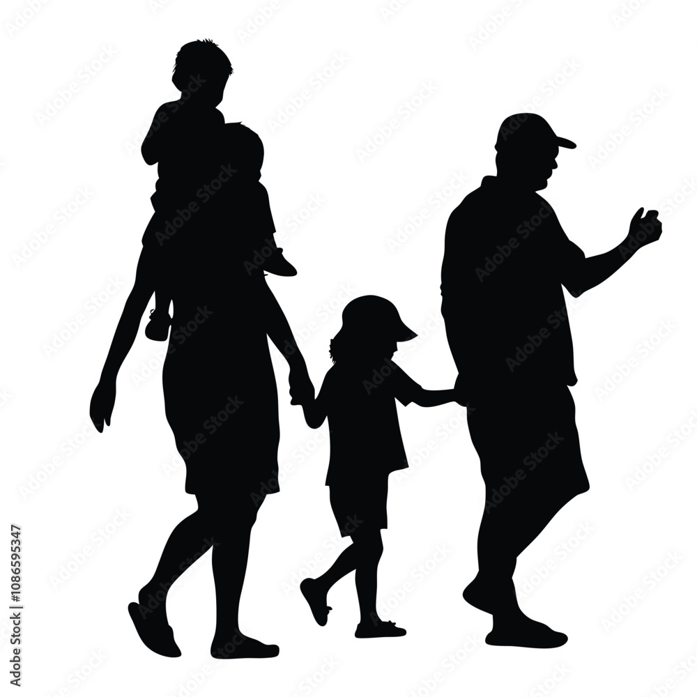 A family of four is walking down the street. A man is holding a child on his shoulders A family of four is walking down the street. A man is holding a child on his shoulders