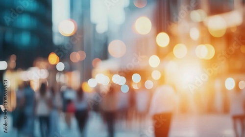 Busy urban street with blurred figures walking during evening hours in a bustling city filled with lights and energy