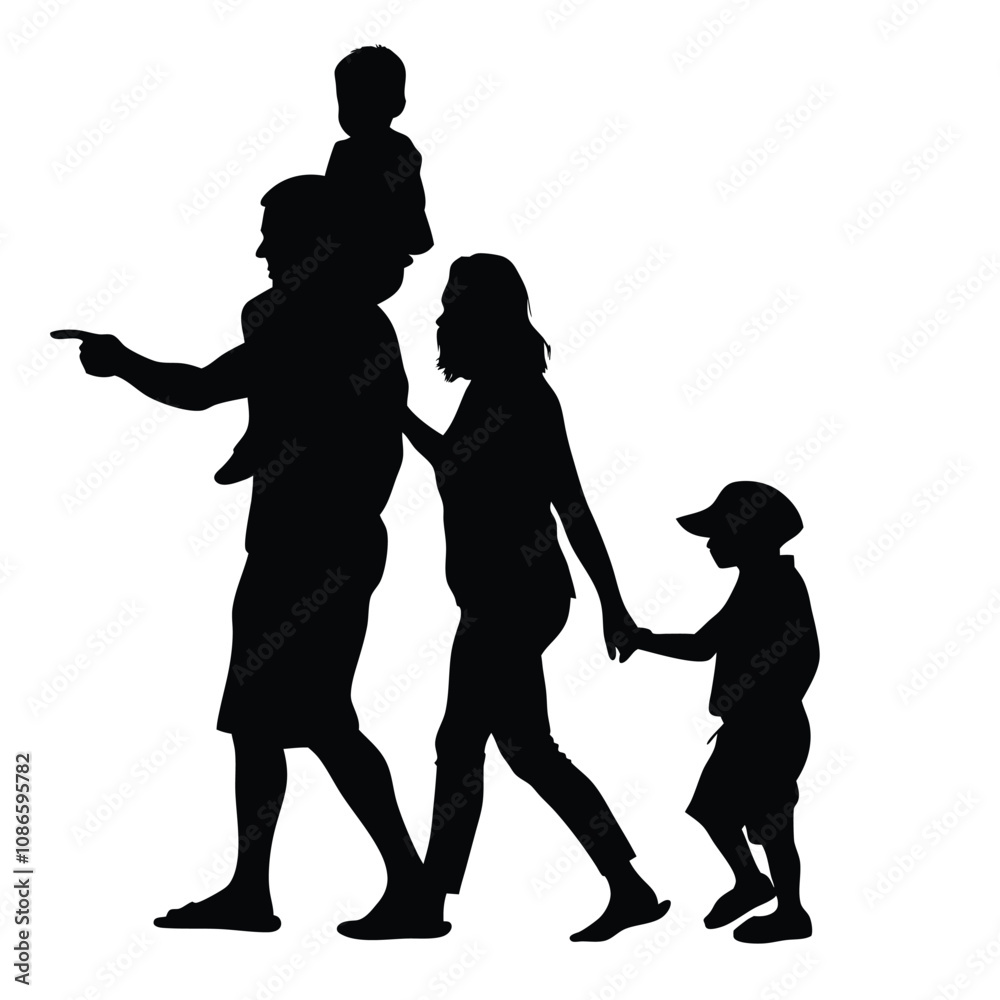 A family of four is walking down the street. A man is holding a child on his shoulders A family of four is walking down the street. A man is holding a child on his shoulders