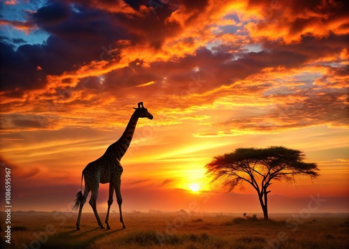 Against the glowing sunset  a giraffe s silhouette dominates the African savanna.