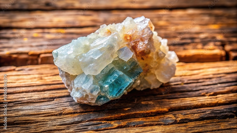 Albite crystals lodged in fractured wood, magnified.