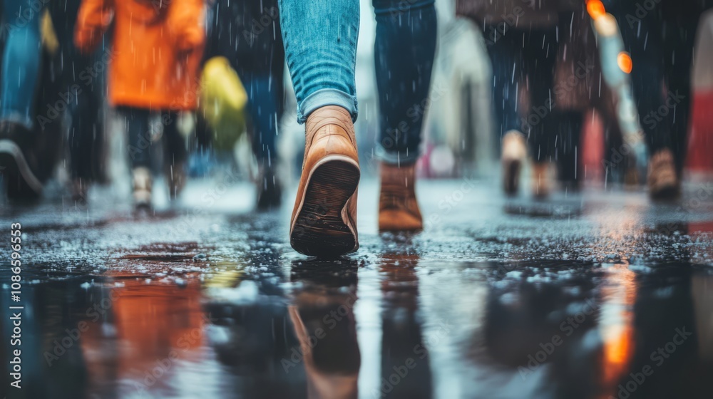 Fototapeta premium Low angle view of people walking through a puddle on a rainy day.