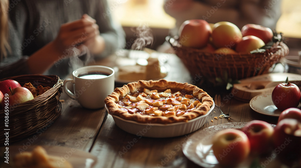 A family enjoying apple pie at a cozy kitchen table, with a steaming cup of coffee beside the pie and a basket of fresh apples on the counter. A family enjoying apple pie at a cozy kitchen table, with a steaming cup of coffee beside the pie and a basket of fresh apples on the counter.