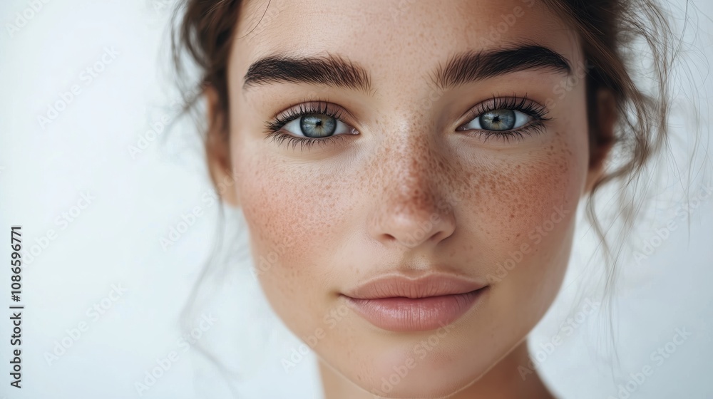 A close-up portrait of an attractive woman with smooth, clear skin on her face and neck, isolated against a white background A close-up portrait of an attractive woman with smooth, clear skin on her face and neck, isolated against a white background