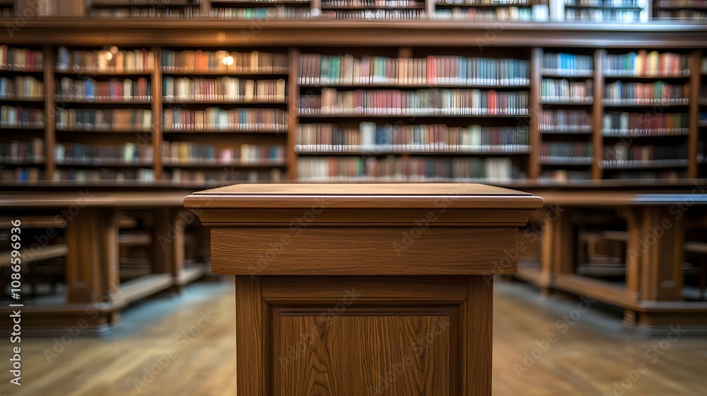 14. A wooden podium at a library, with bookshelves and study tables in the background 14. A wooden podium at a library, with bookshelves and study tables in the background